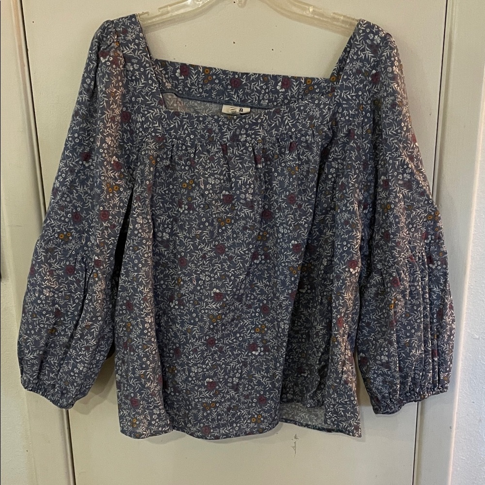 a.n.a Blue Floral Square Neck Blouse with Puff Sleeves XXL